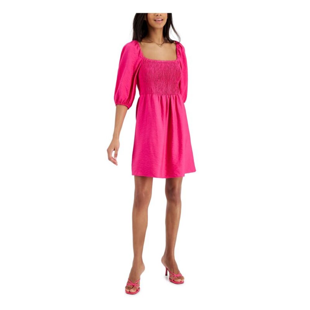 BAR III DRESSES Womens Pink Lined Elastic Cuffs Pouf Sleeve Fit + Flare Dress L